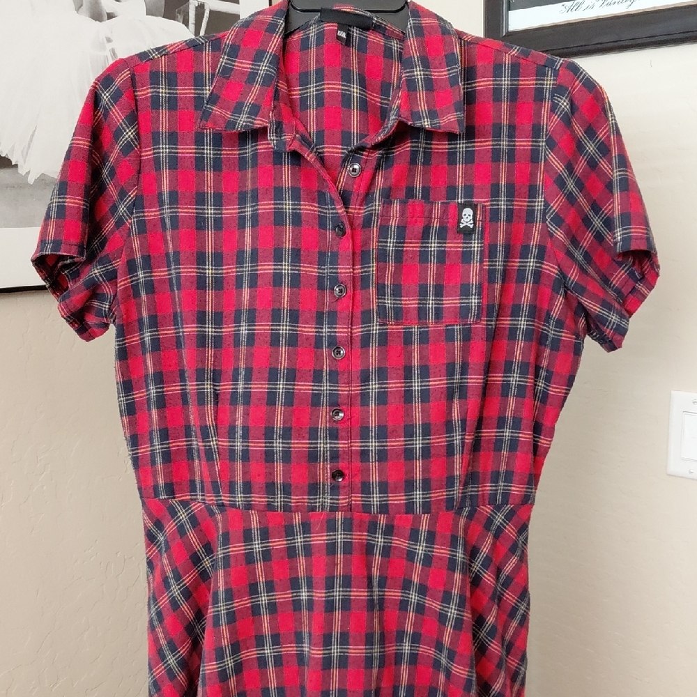 SOURPUSS EUC 3X RED/GOLD TARTAN SKATER DRESS/POCKETS SHORT SLEEVES